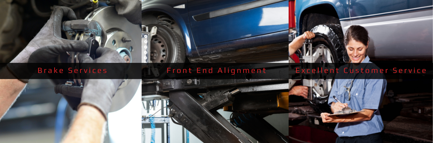 Auto repair shop scene: brake service, oil change, and inspection.