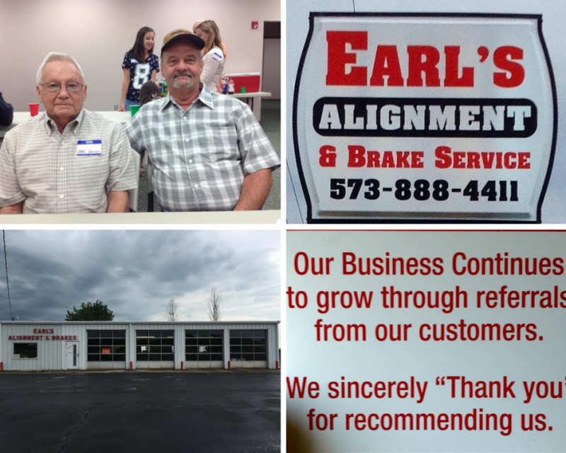 Collection of images: two men, a business sign, a shop front, and text about customer referrals.