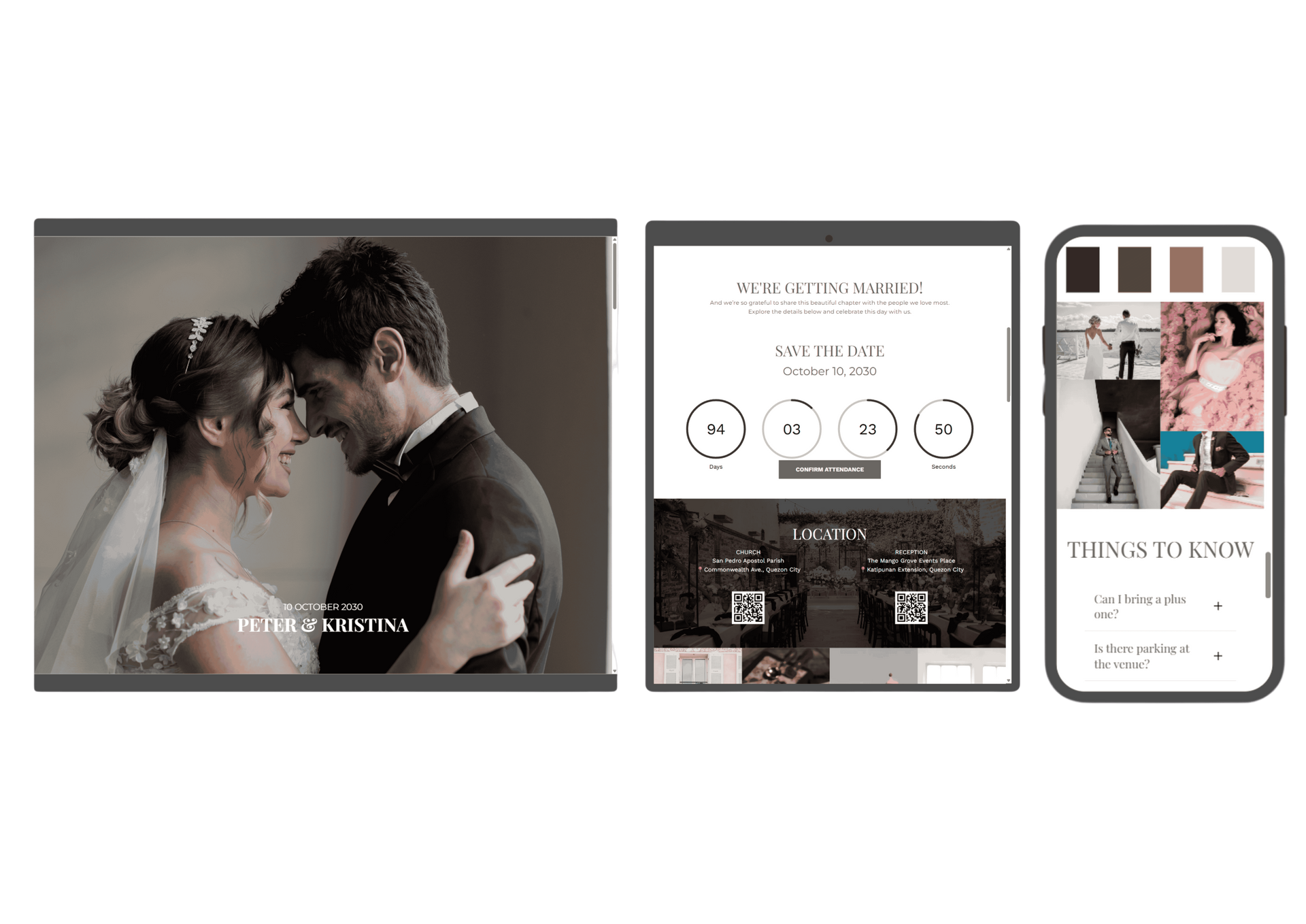 A bride and groom are dancing in front of a tablet and a cell phone.