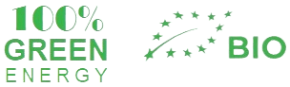 100% green energy bio logo with green text and leaf icons on white background