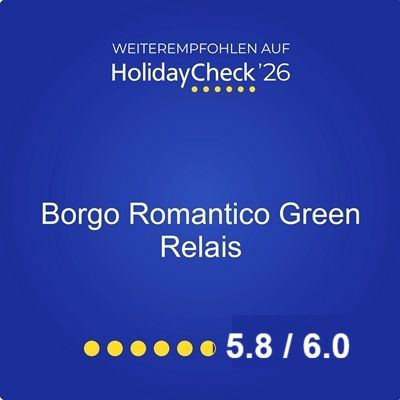 Scheda di valutazione blu dell'hotel Borgo Romantico Green Relais, etichettata HolidayCheck '26 con 5,8/6,0 stelle.