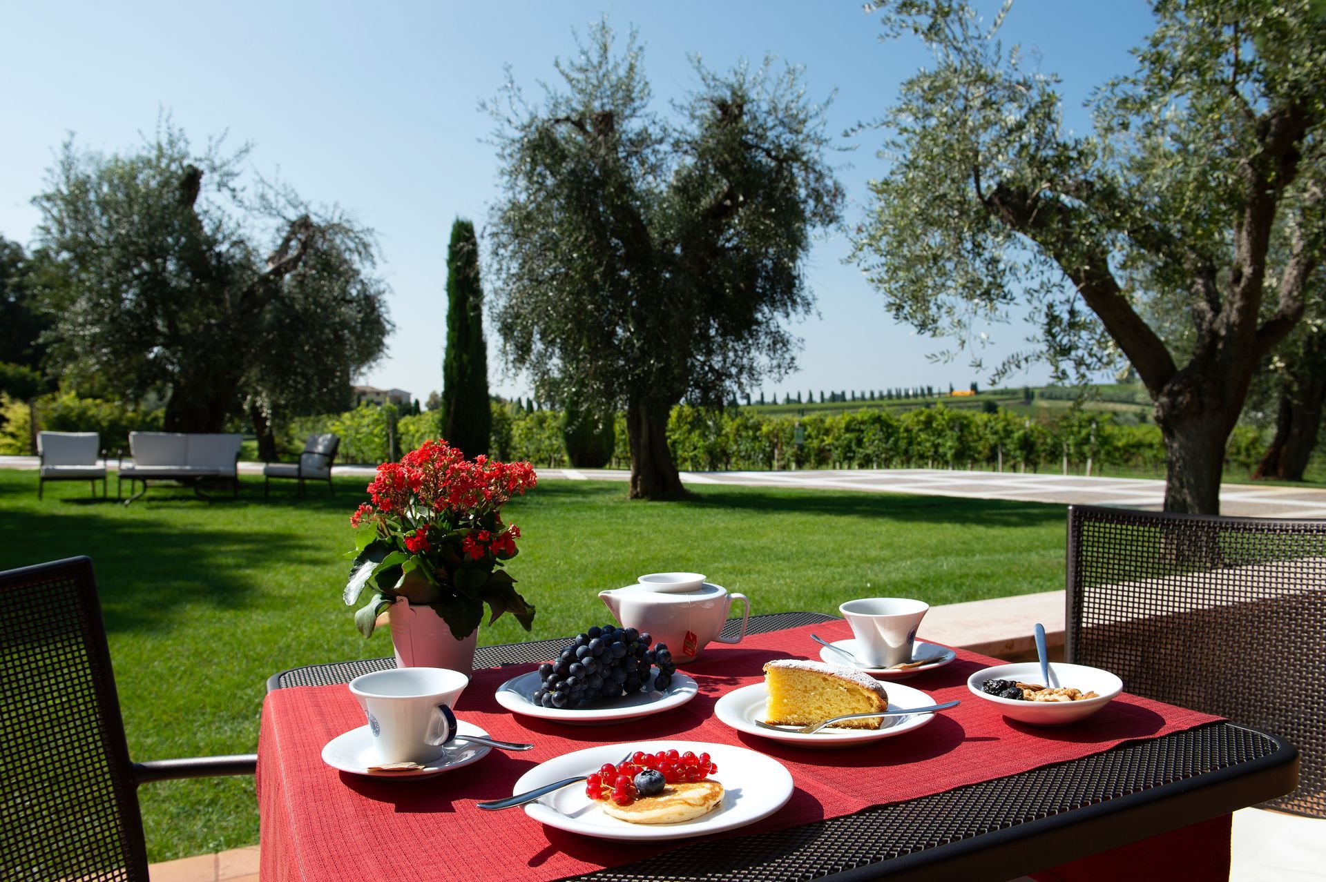 Outdoor breakfast table with coffee, fruit, and pastries on a red tablecloth in a sunny garden