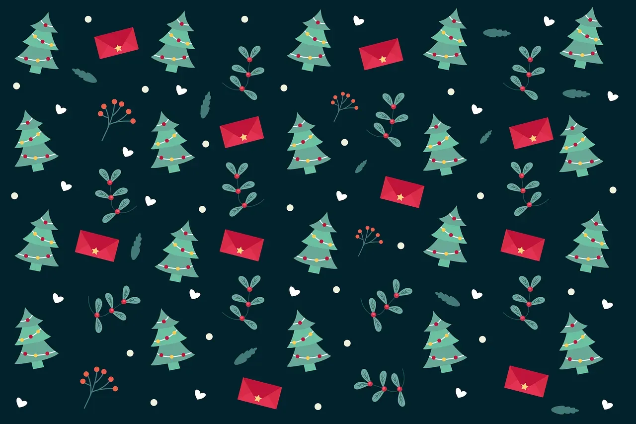 Motivo natalizio senza soluzione di continuità color verde acqua scuro con alberi di Natale, buste rosse, bastoncini di zucchero e fiocchi di neve che cadono.