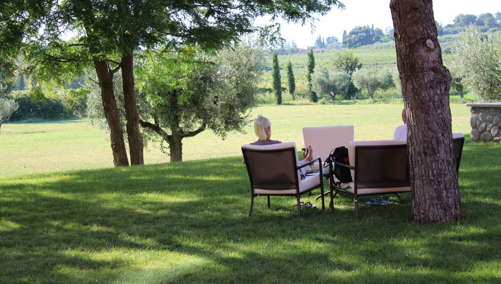 Two people seated in lawn chairs under trees, looking out over a sunny green field.