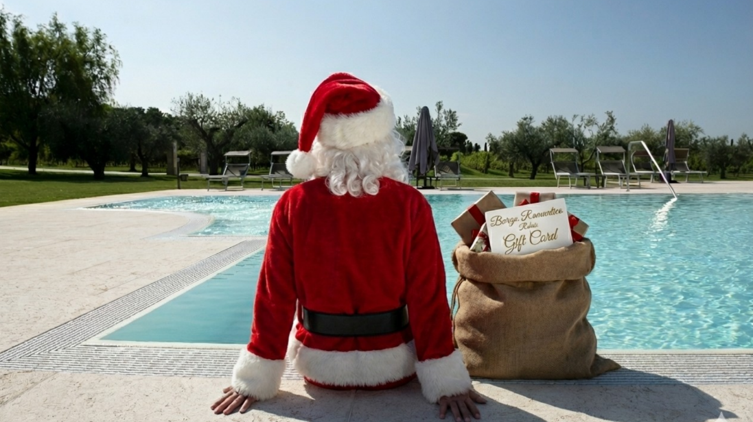 Statuetta di Babbo Natale a bordo piscina con un sacco regalo in una giornata di sole.