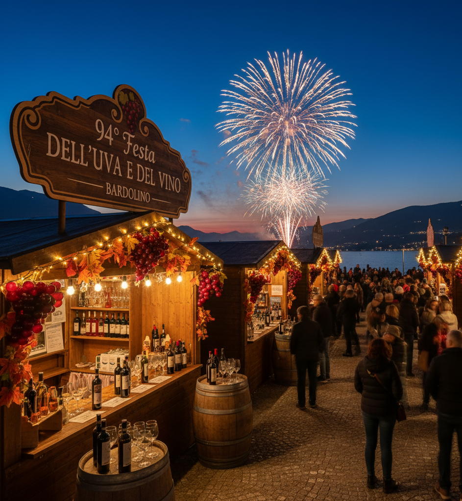 Mercato del vino festivo al crepuscolo con fuochi d'artificio sopra una piazza cittadina affollata.