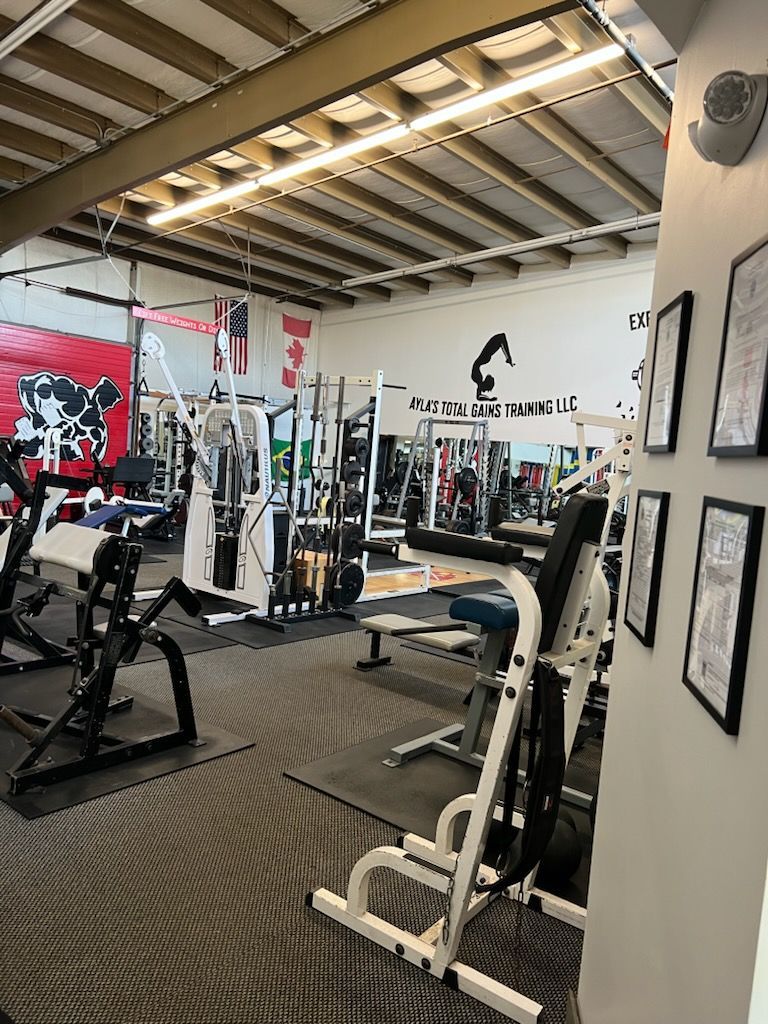 Interior of a gym with weight machines, mats, and posters on the wall. Bright lighting.