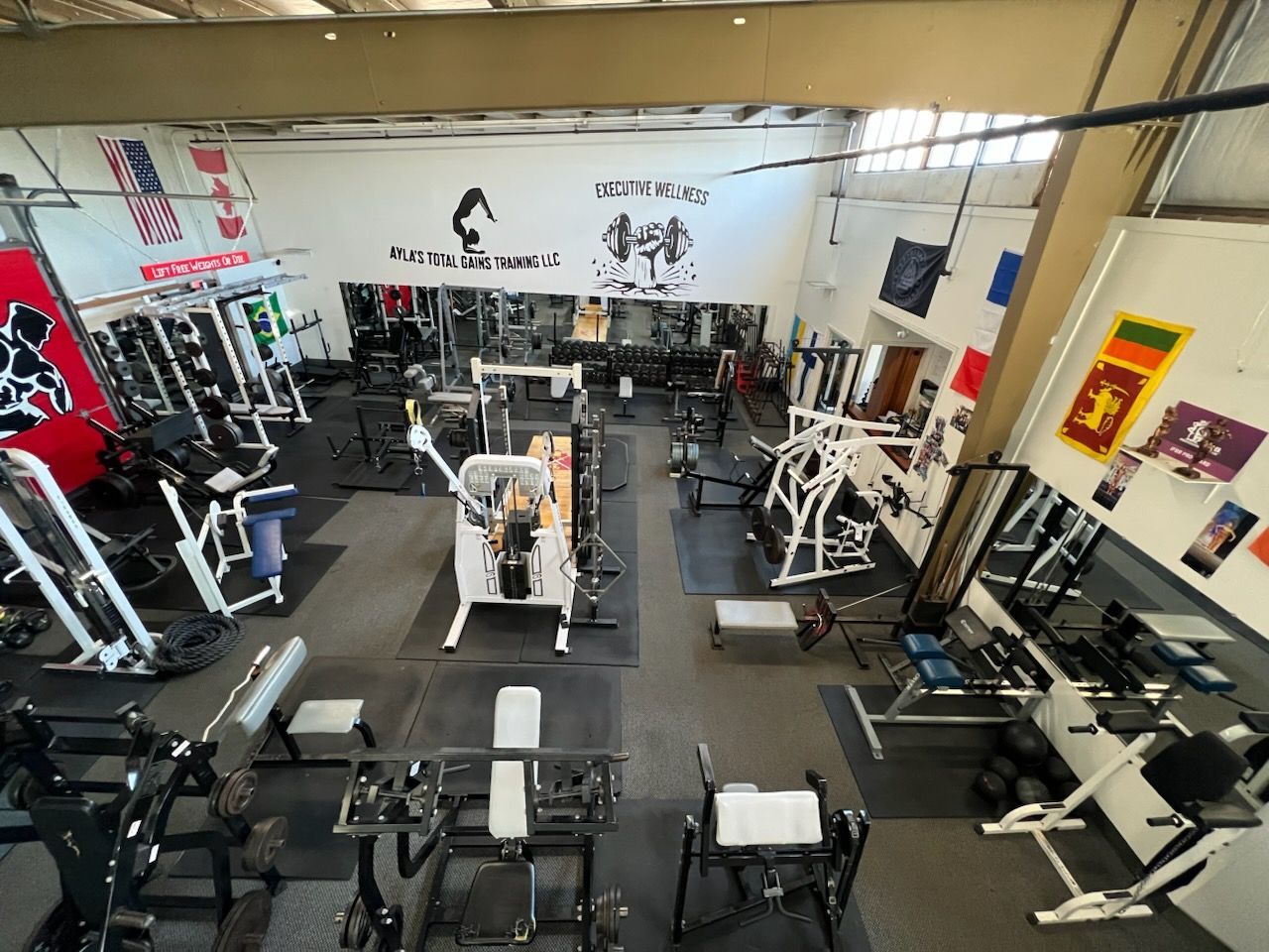 An aerial view of a gym with weight machines, benches, and equipment; US and other flags are visible.