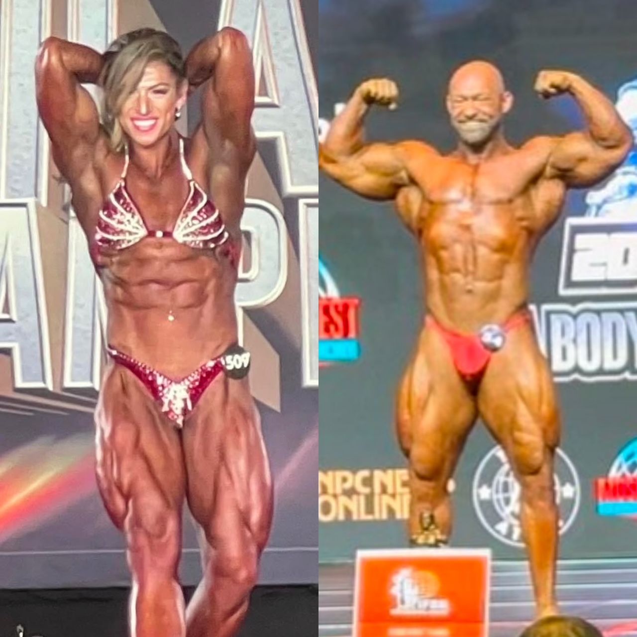 Two bodybuilders flexing on stage: woman with red bikini and man with red trunks, both very muscular.