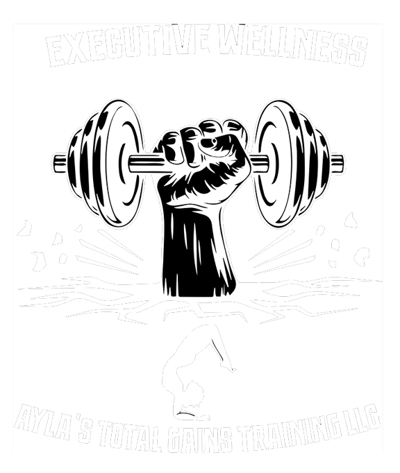 Fist holding a dumbbell. "Executive Wellness" and "Dylan's Total Gains Training LLC" text surrounds it.