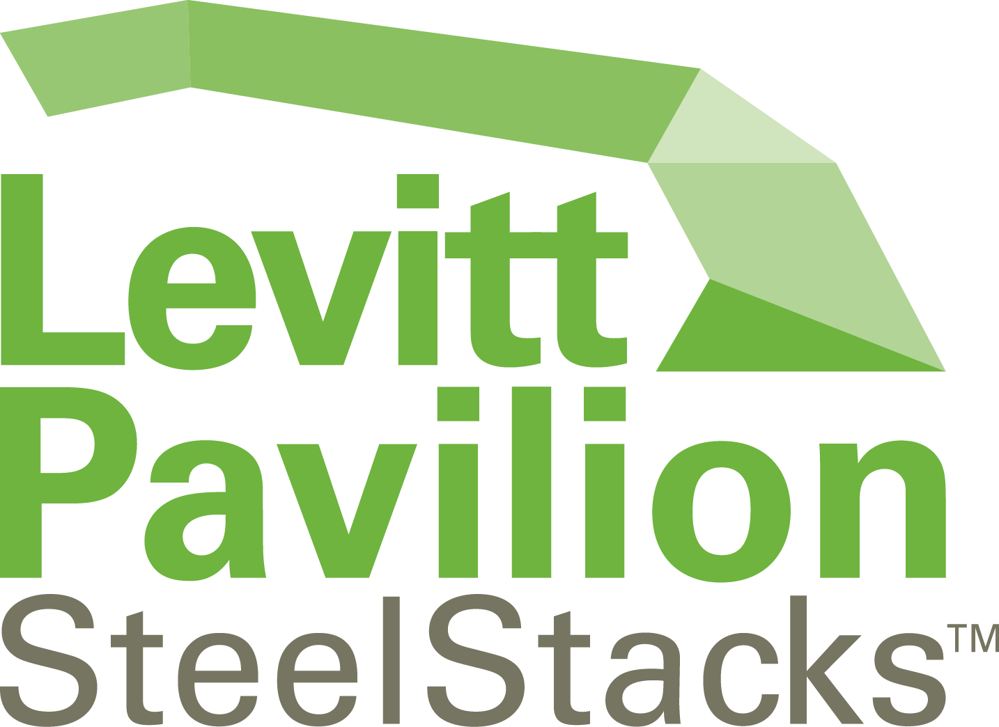 The logo for levitt pavilion steel stacks is green and white.