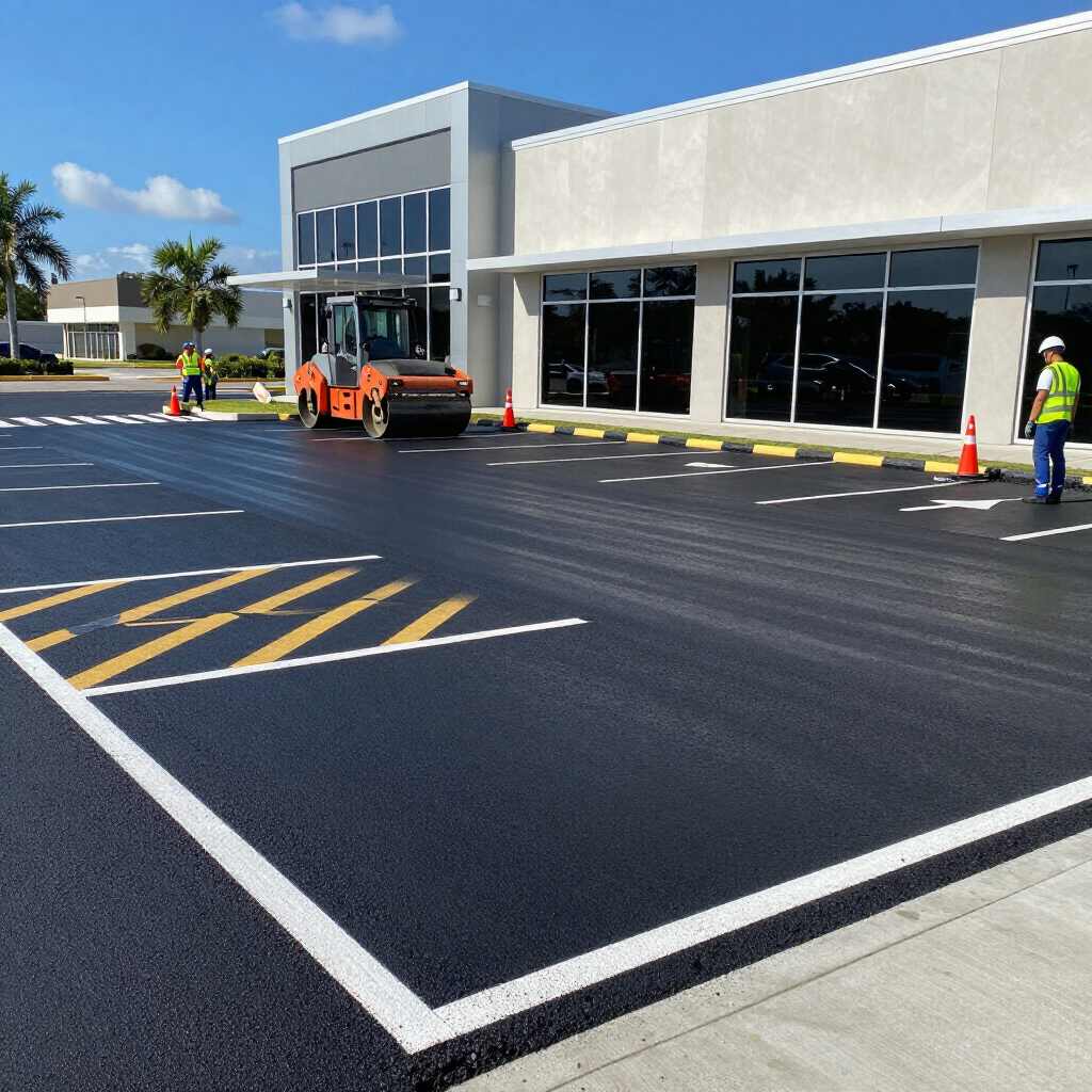 Workers and a skid steer outside a new storefront, painting parking lot stripes on a sunny day