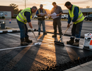 Workers in reflective vests raking fresh asphalt on a road at sunset