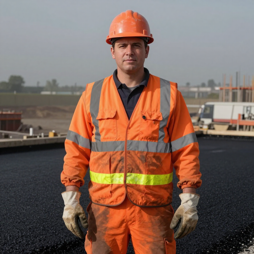 Worker in orange safety gear and hard hat stands on a road construction site.