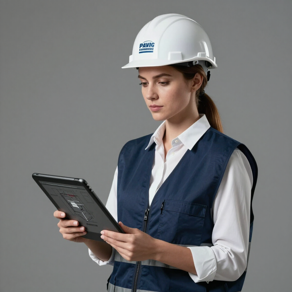 Construction worker in white hard hat reviewing plans on a tablet against a gray background