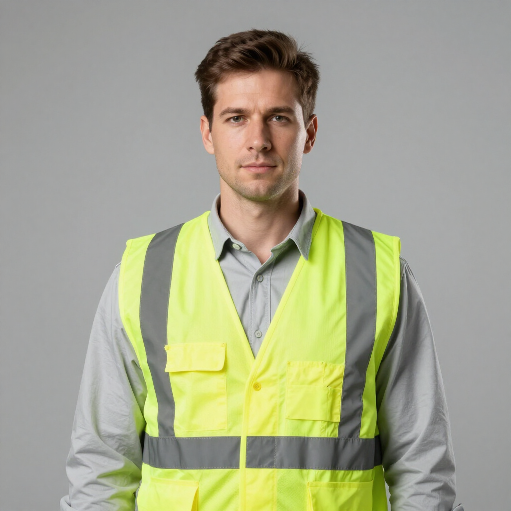 Man wearing a neon yellow safety vest over a gray shirt, standing against a plain gray background