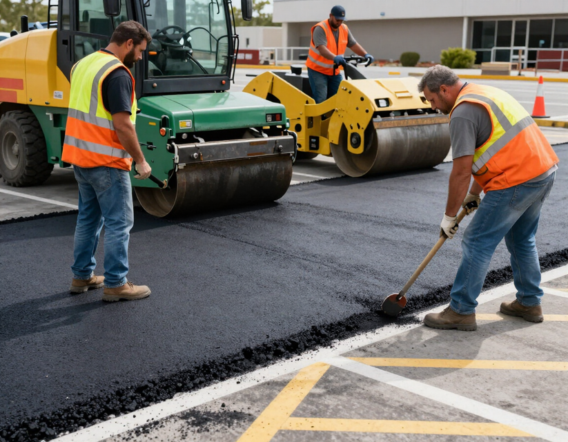 Road crew paving asphalt with rollers and workers in orange safety vests.