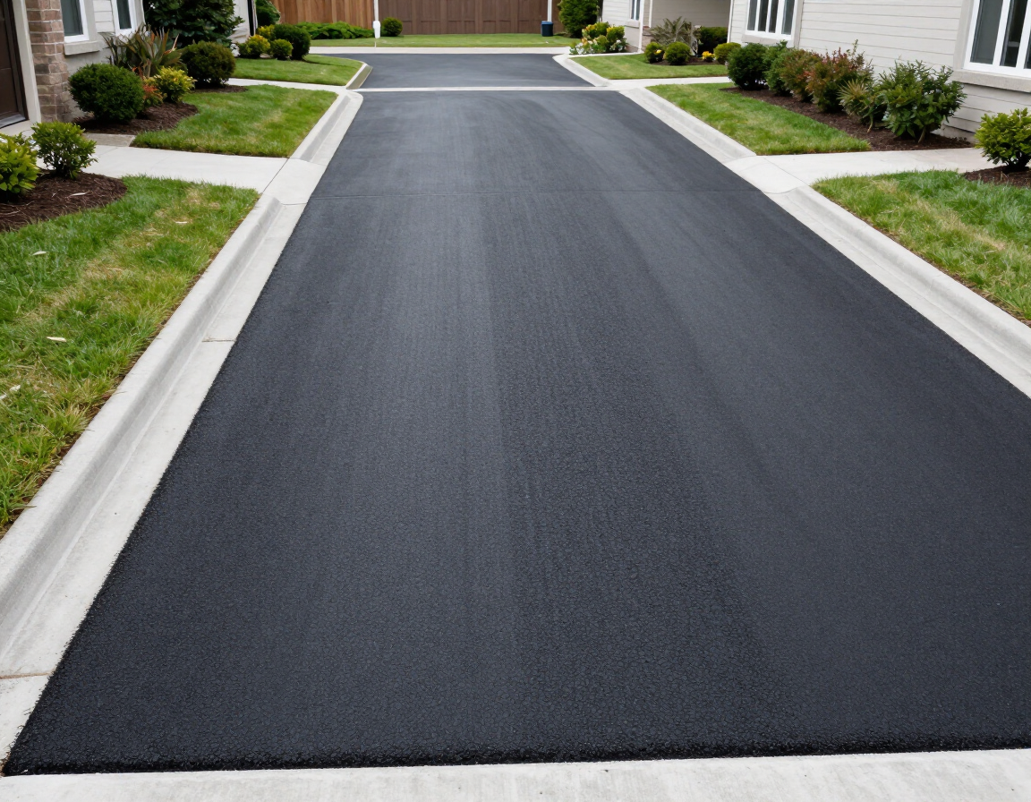 Newly paved black driveway bordered by white curbs and green lawns in a suburban neighborhood
