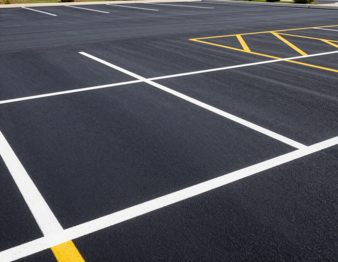 Empty asphalt parking lot with white and yellow painted lines