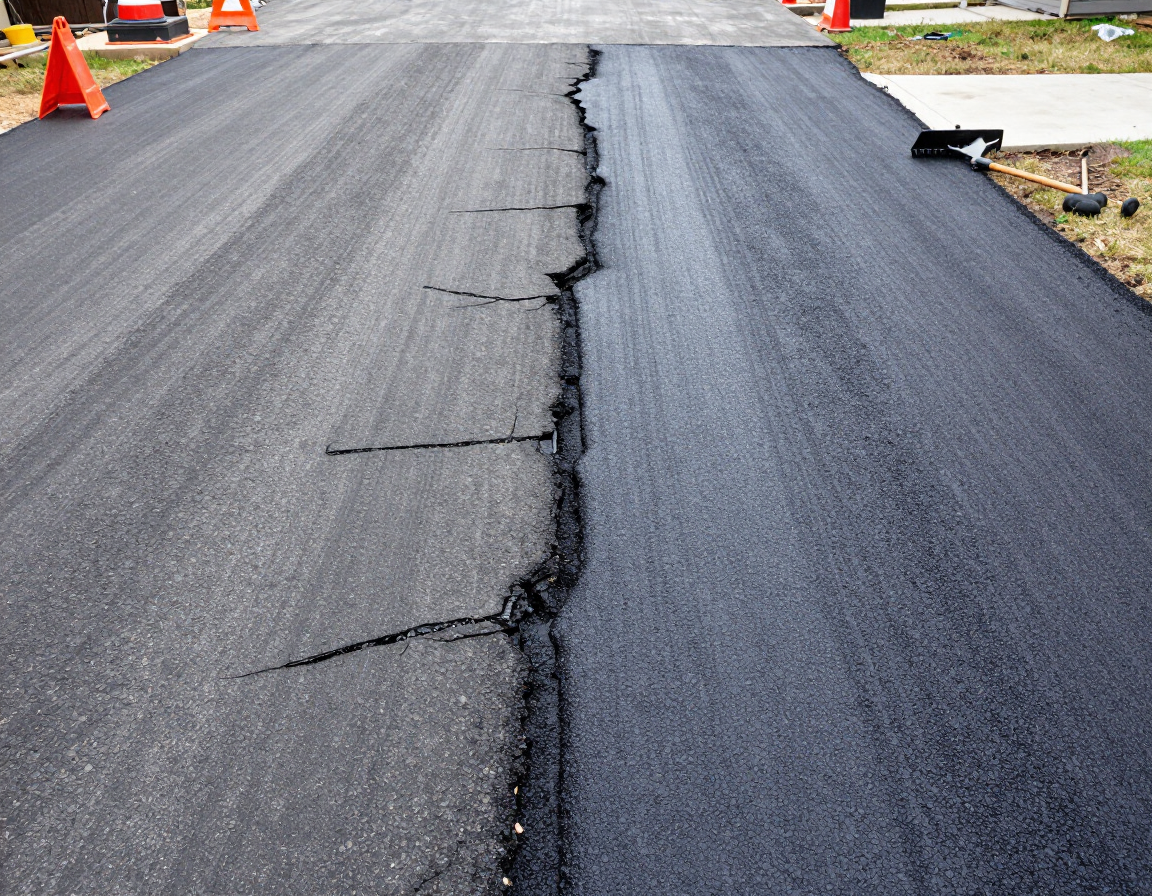 Cracked asphalt road with a deep longitudinal split and orange traffic cones in the distance
