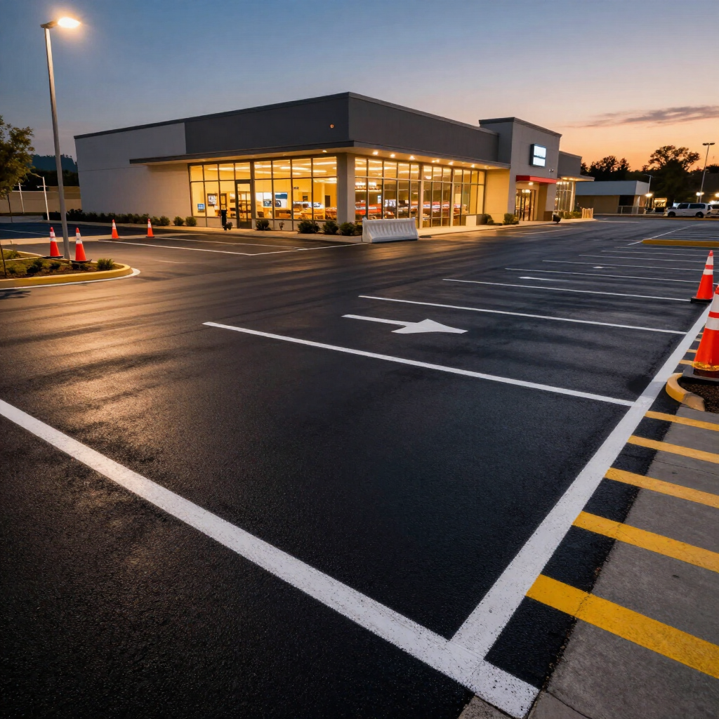 Empty parking lot outside a lit storefront at dusk, with fresh pavement striping and orange cones