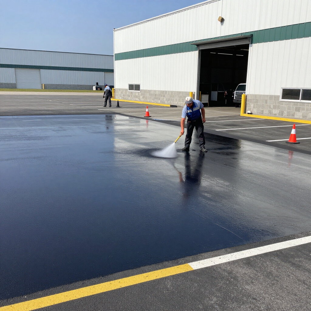 Worker power-washing a wet asphalt apron outside a warehouse loading bay