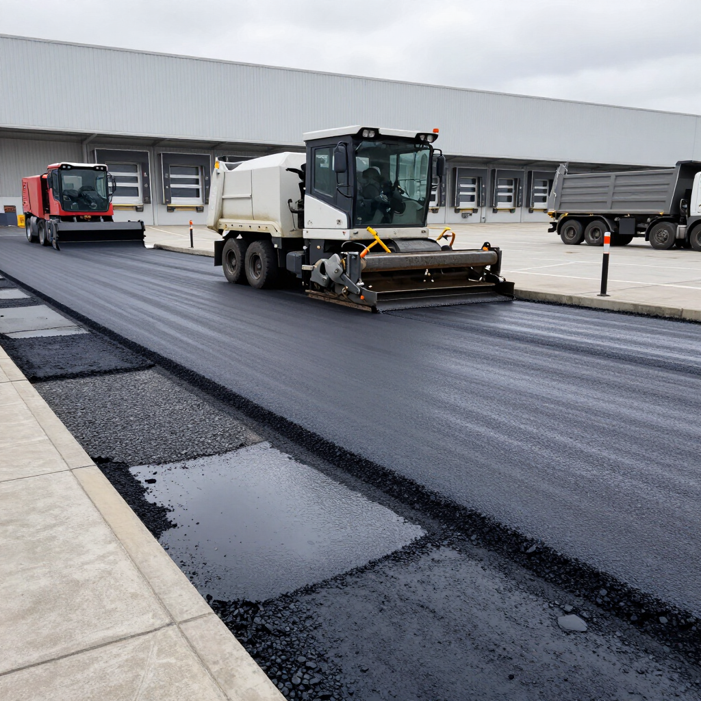 Road resurfacing crew operating a paving machine on a wet street beside a warehouse