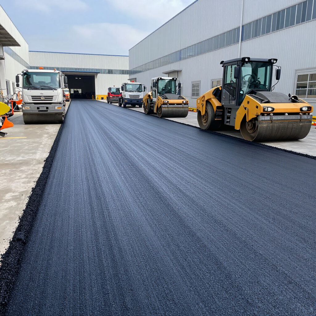 Road paving work in an industrial yard with trucks and rollers on fresh black asphalt