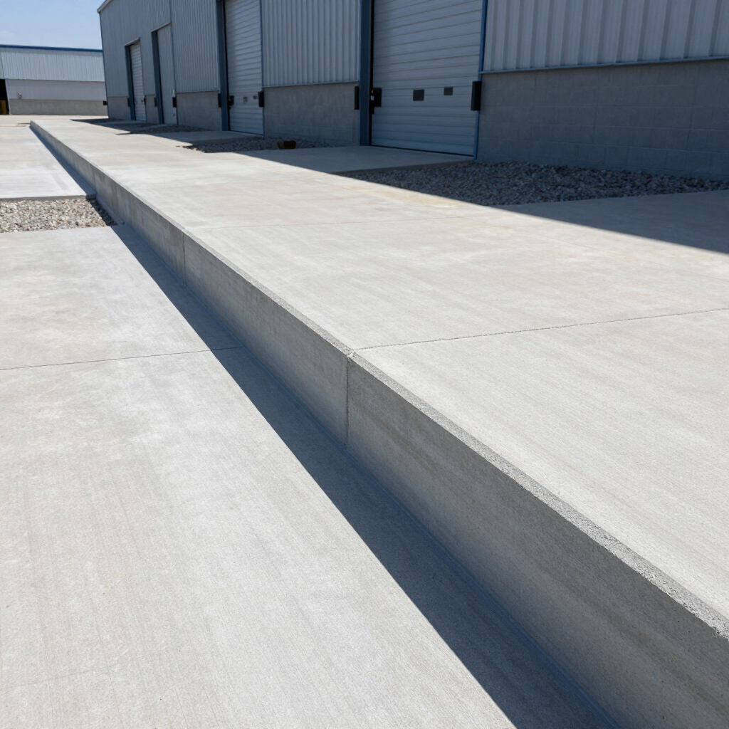 Concrete loading dock ramp beside a gray warehouse under bright sunlight