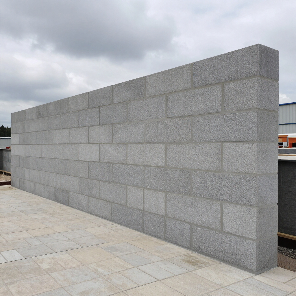 Gray concrete block wall along a paved surface under an overcast sky