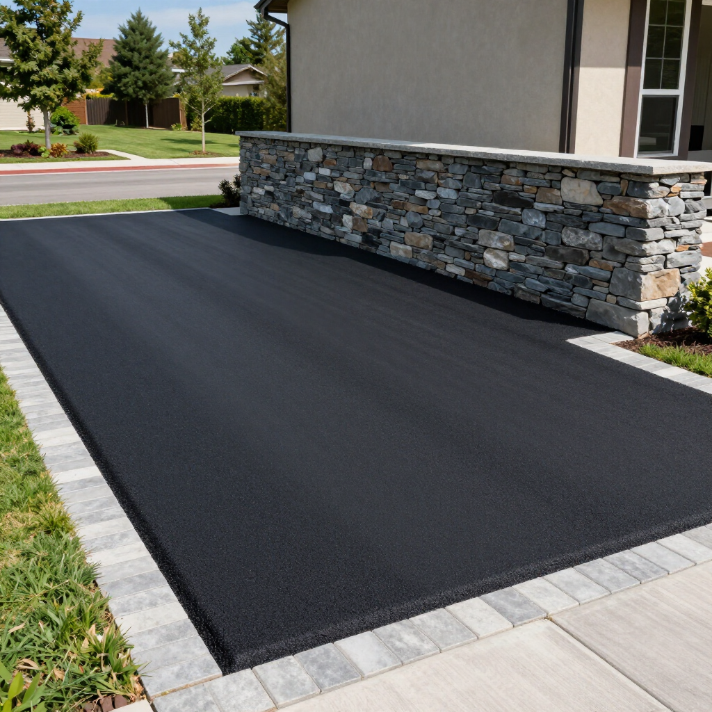 Freshly paved black asphalt driveway beside a modern stone-faced house and concrete walkway
