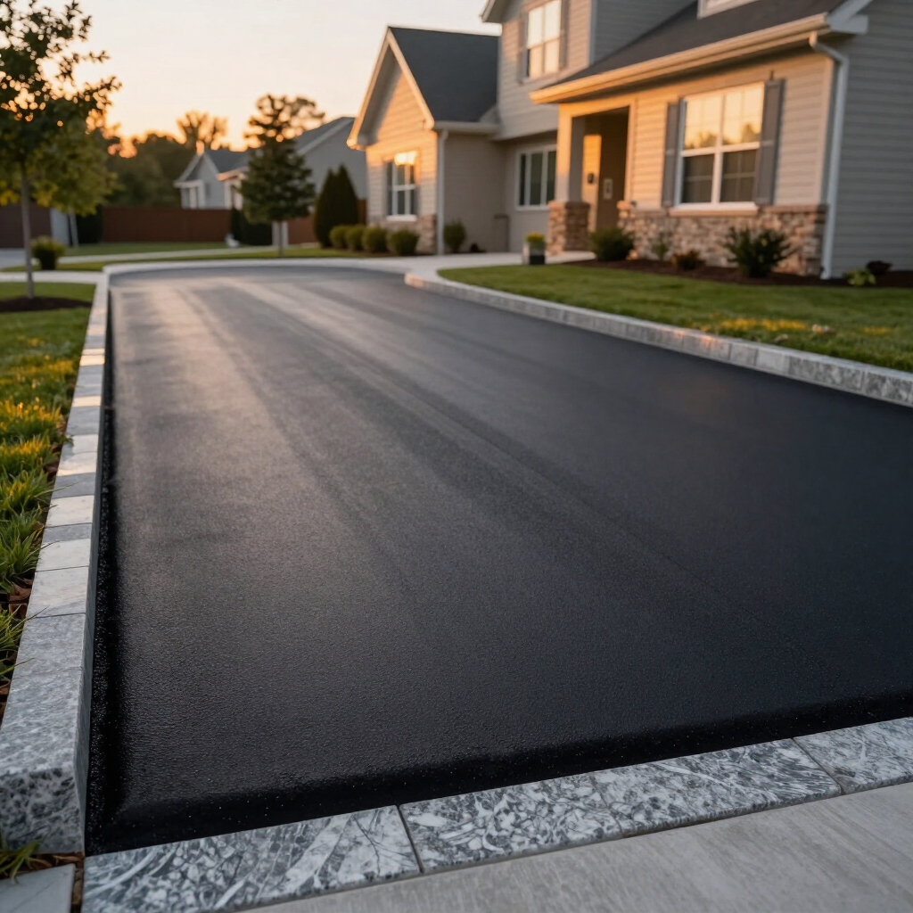 Freshly paved black driveway in a suburban neighborhood at sunset, with curb and houses lining the street