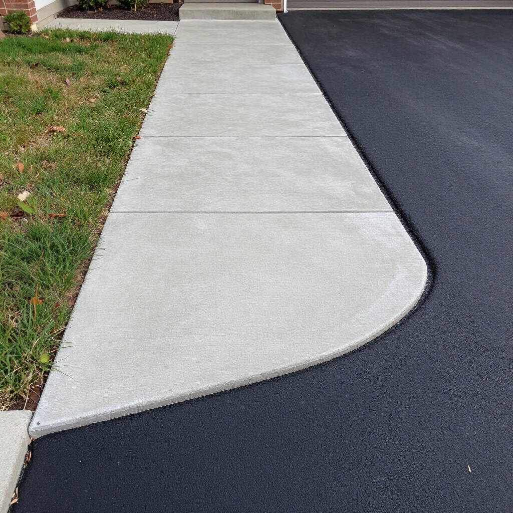 Concrete sidewalk with a rounded curb beside black asphalt and a strip of grass