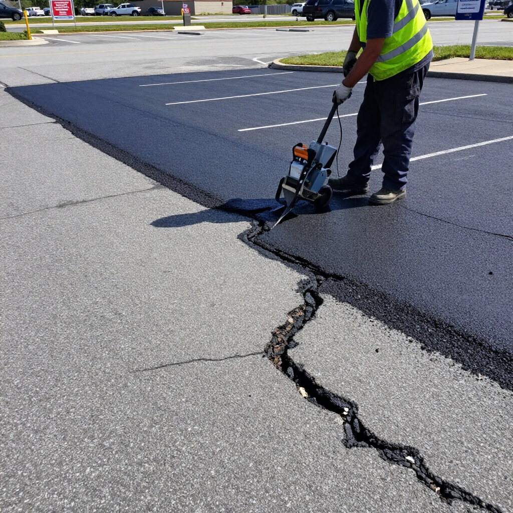 Worker using a road saw to cut a crack in asphalt pavement