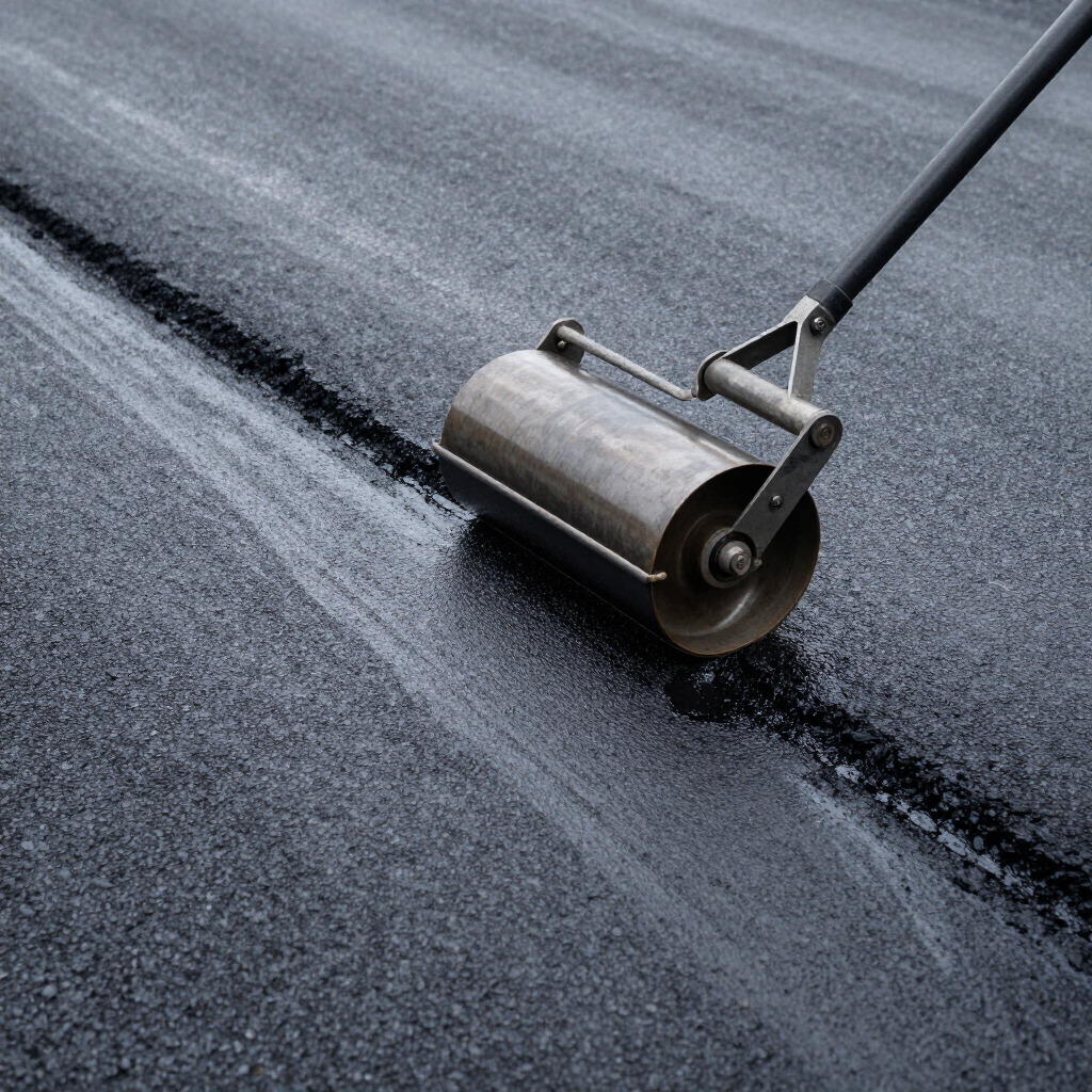 A roller applies black coating to a textured surface, smoothing a dark strip along the ground.