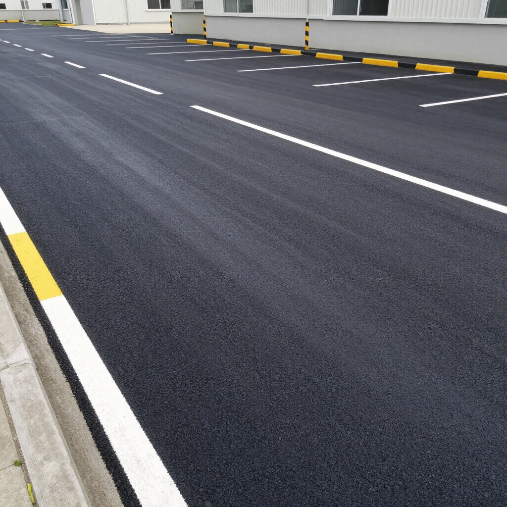 Empty asphalt road beside a building, with white lane markings and yellow-black curb barriers