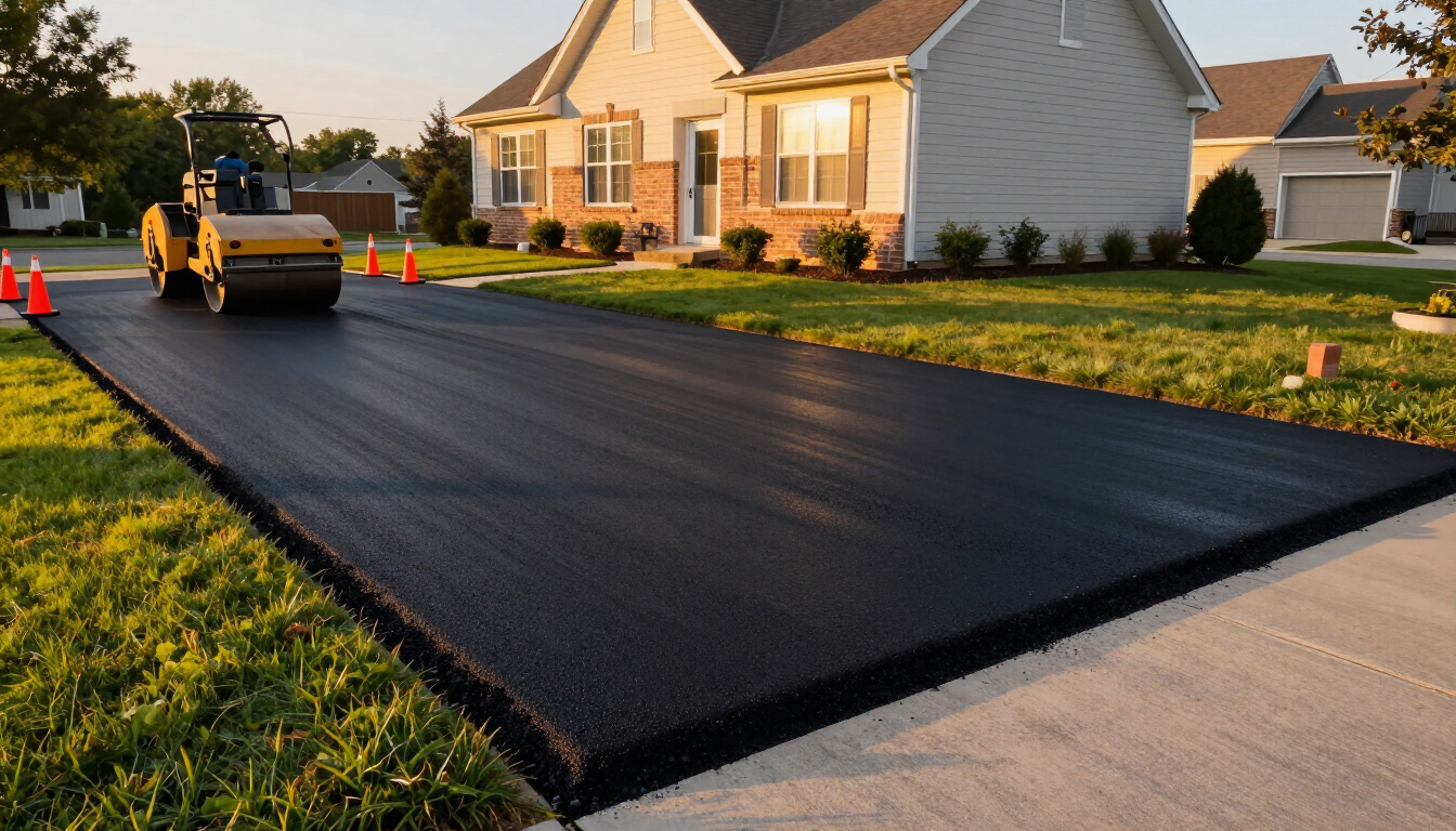 Fresh black asphalt driveway being paved in front of a suburban house at sunset