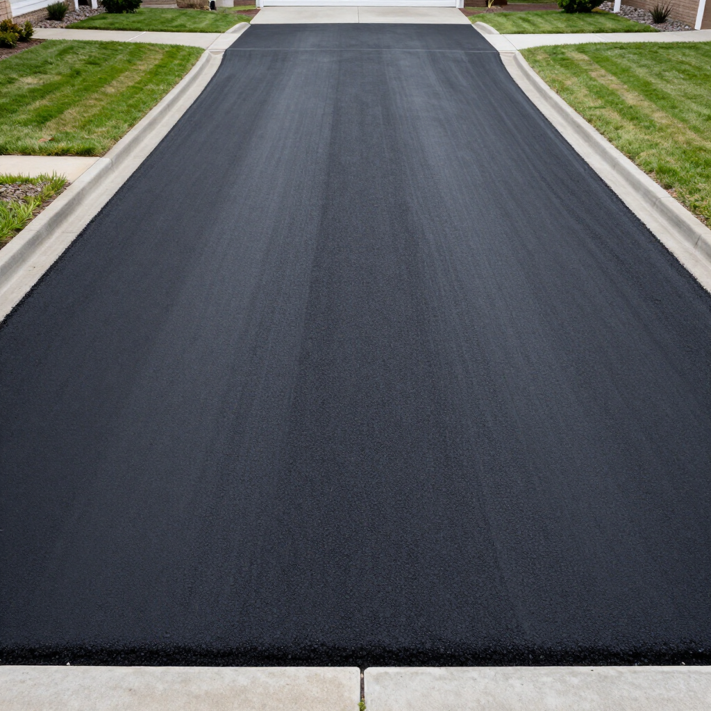 Freshly paved black asphalt driveway bordered by curbs and grass in a residential neighborhood