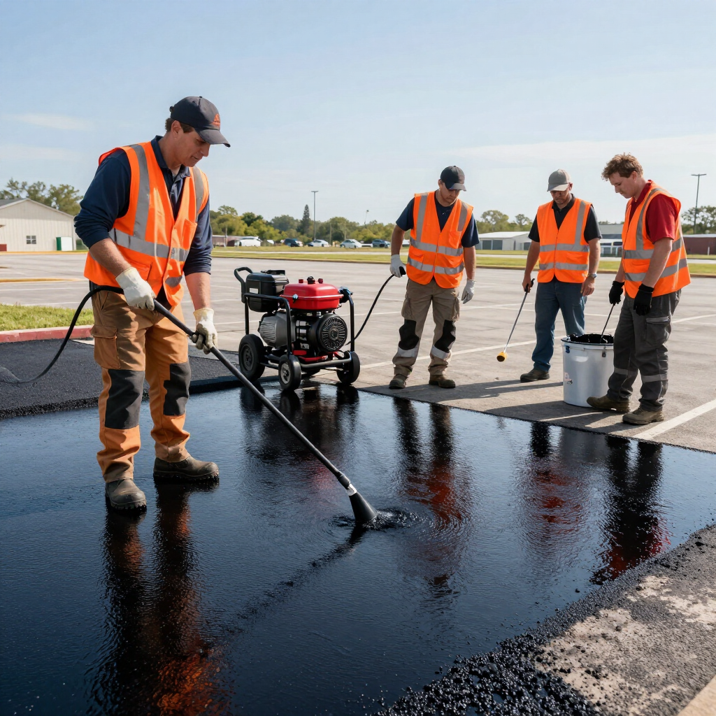 Road crew in orange vests spraying fresh black asphalt on a roadwork site