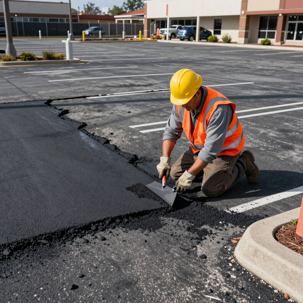 Worker in orange safety vest and yellow hard hat repairing asphalt in a parking lot.