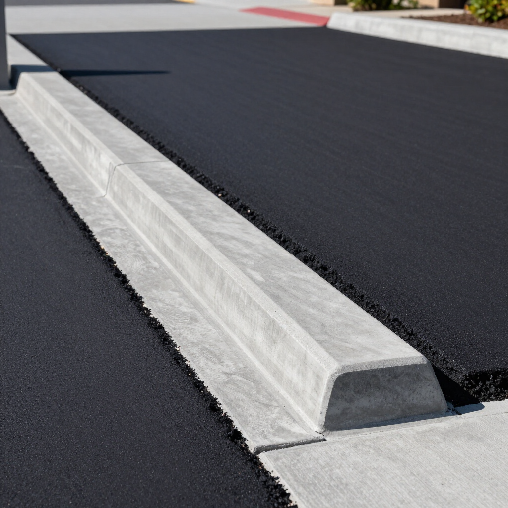 Concrete curb dividing two sections of black asphalt pavement