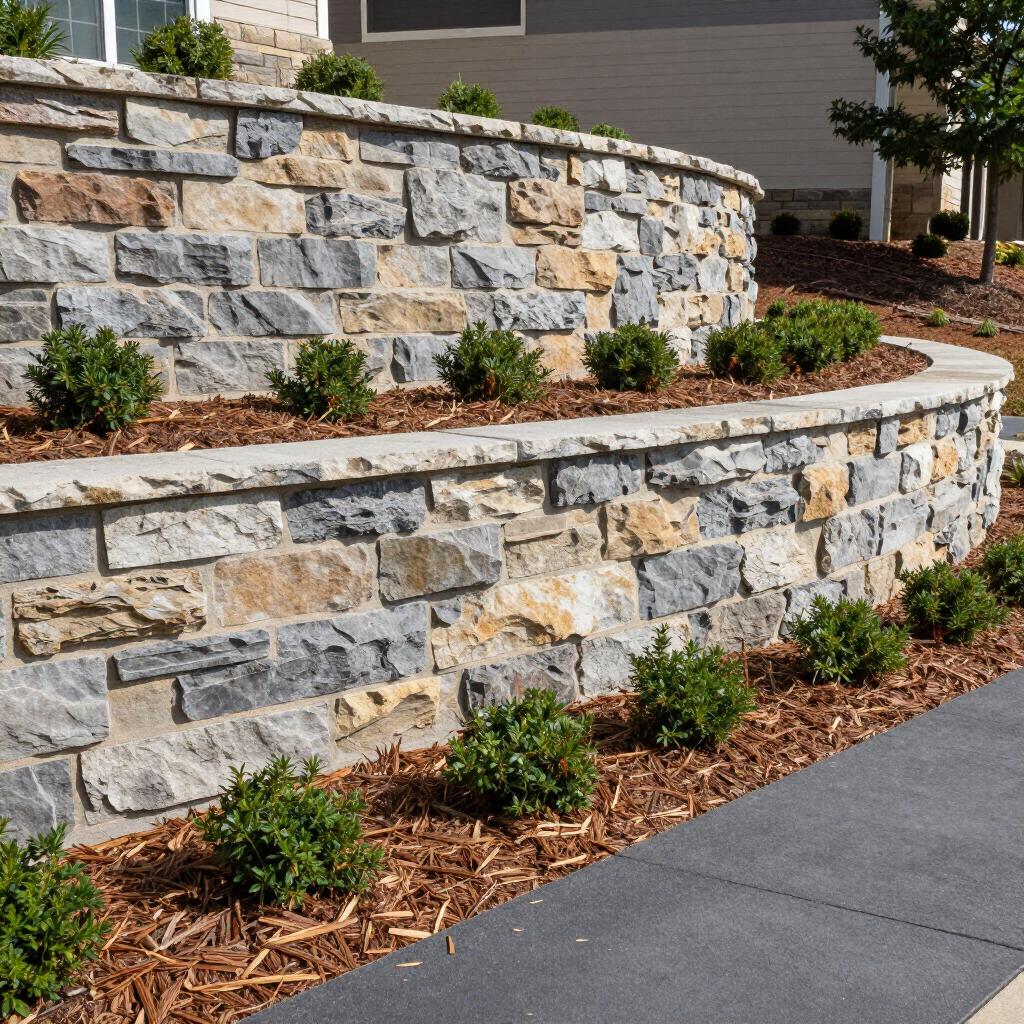 Curved stone retaining wall with mulched landscaping beside a sidewalk outside a building