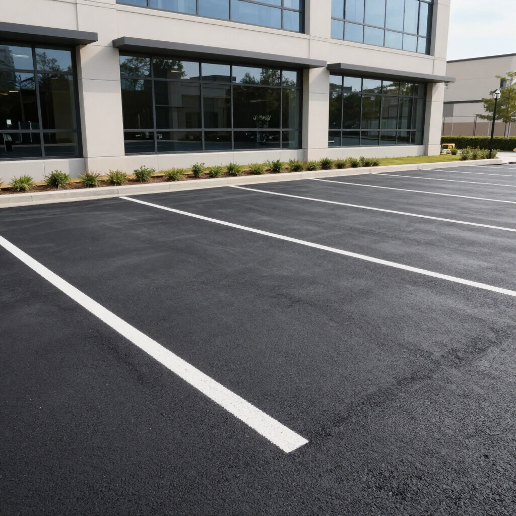 Empty parking lot beside a modern office building with freshly painted white parking lines.