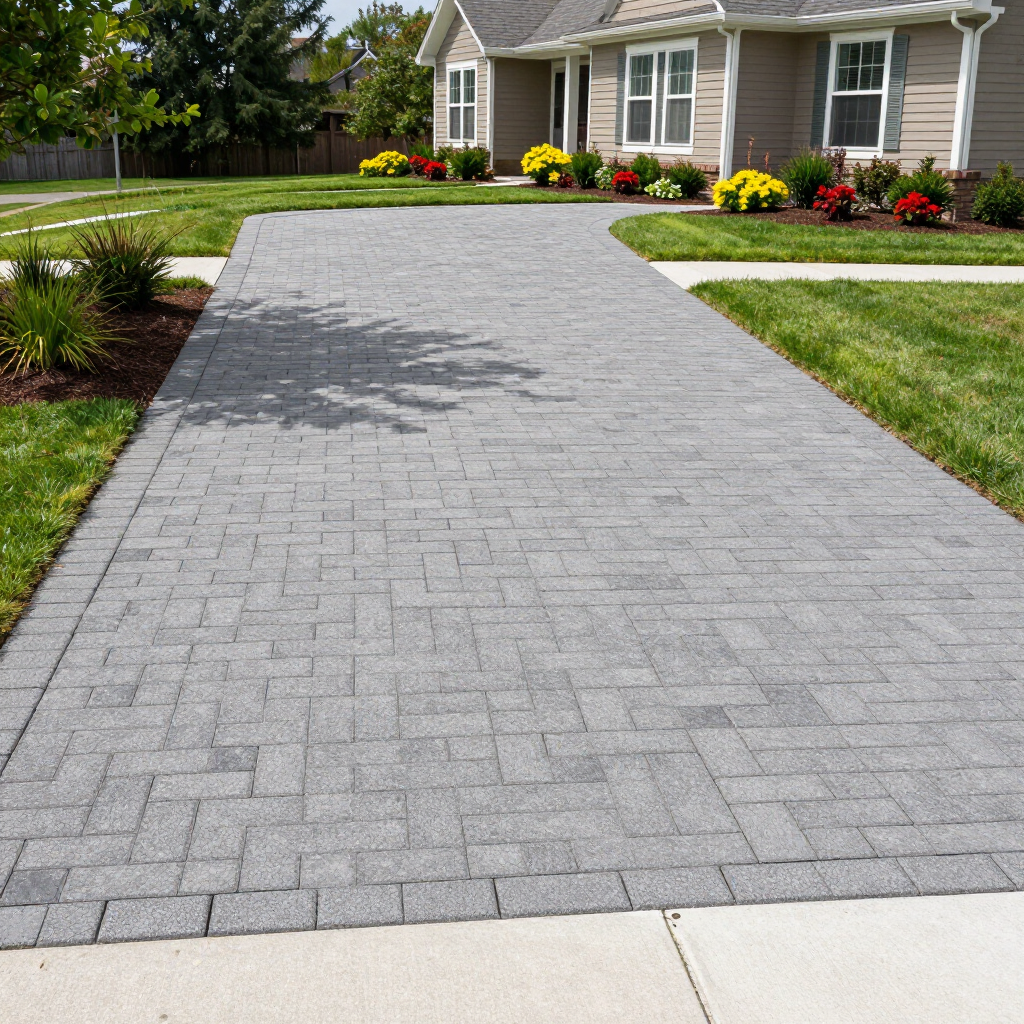 Gray paver driveway leading to a beige house with flower beds and lawn
