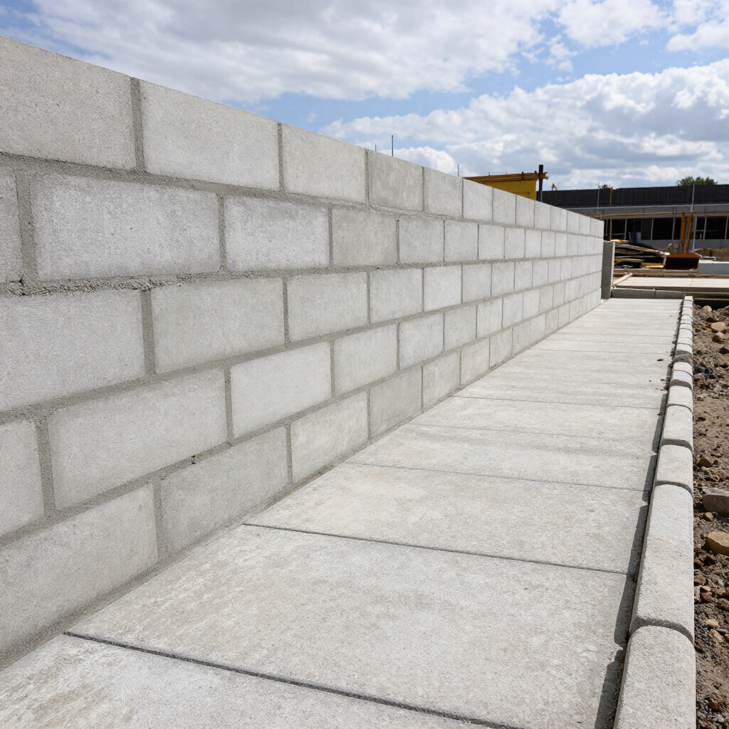 Concrete block wall beside a narrow sidewalk at a construction site under a partly cloudy sky