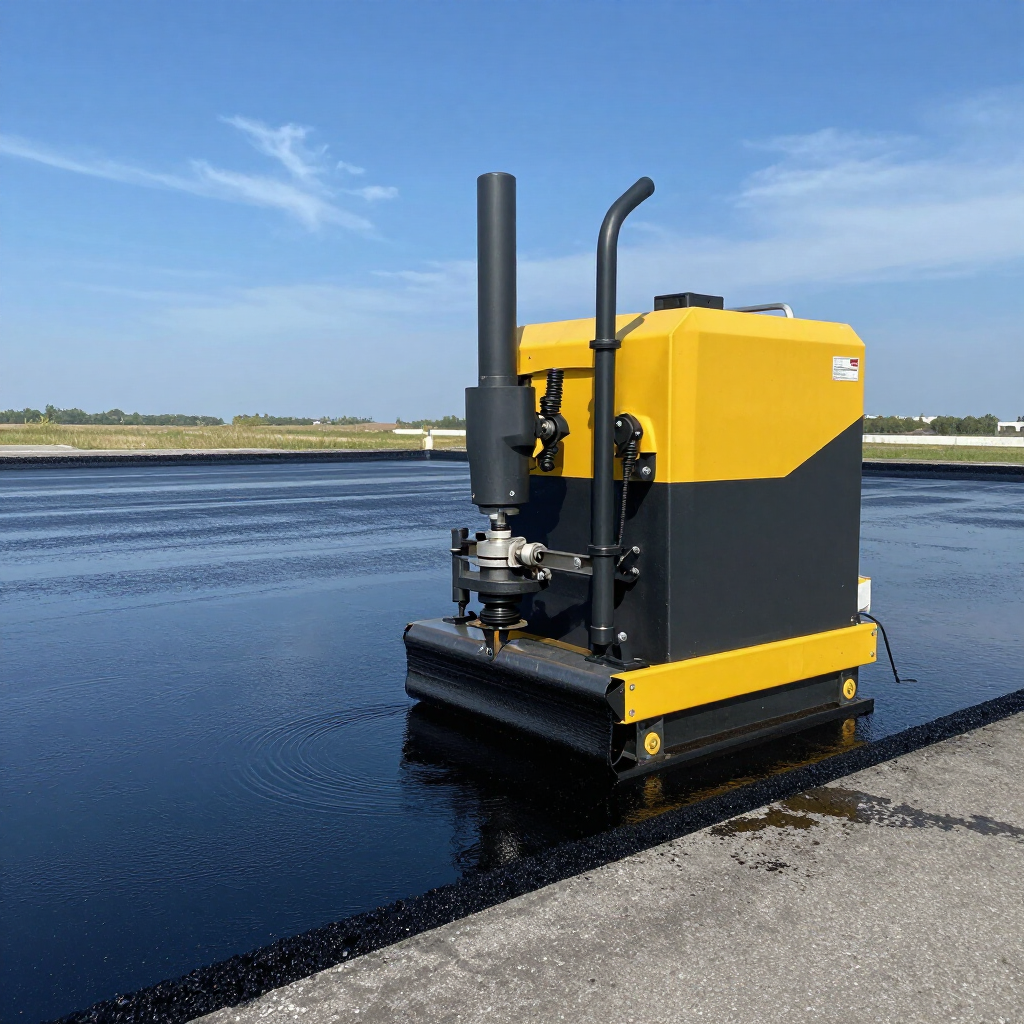 Yellow industrial machine on a wet, dark surface near water under a blue sky