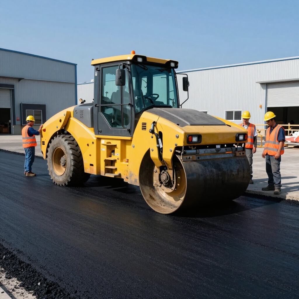 Yellow road roller paving black asphalt outside industrial buildings, with two workers nearby