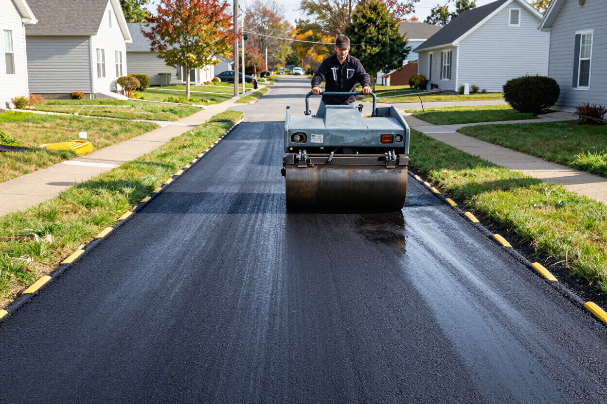 Road paving machine resurfacing a suburban street with fresh black asphalt.