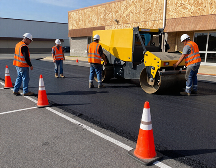 Road workers in orange vests paving asphalt beside orange cones and a yellow paving machine