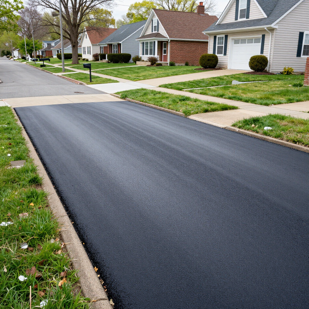 Road crew paving fresh black asphalt beside orange traffic cones and a road roller